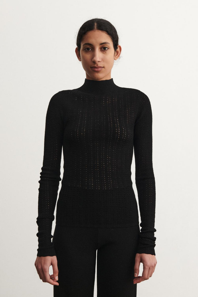 High Neck Pointelle Top, Black