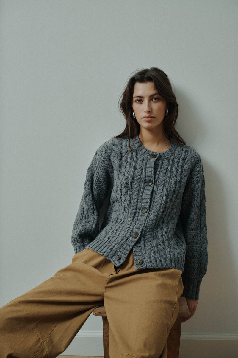 Dahlia Cable Knit Cardigan, Cold Grey