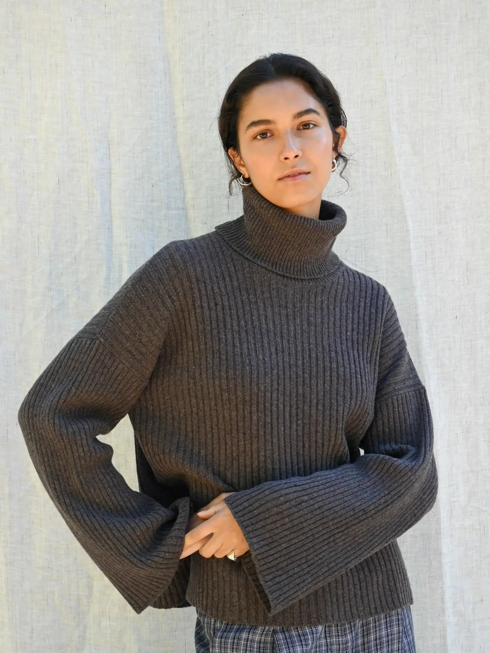 Ellen Cashmere T-Neck Sweater, Dark Brown Melange