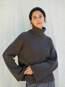 Ellen Cashmere T-Neck Sweater, Dark Brown Melange