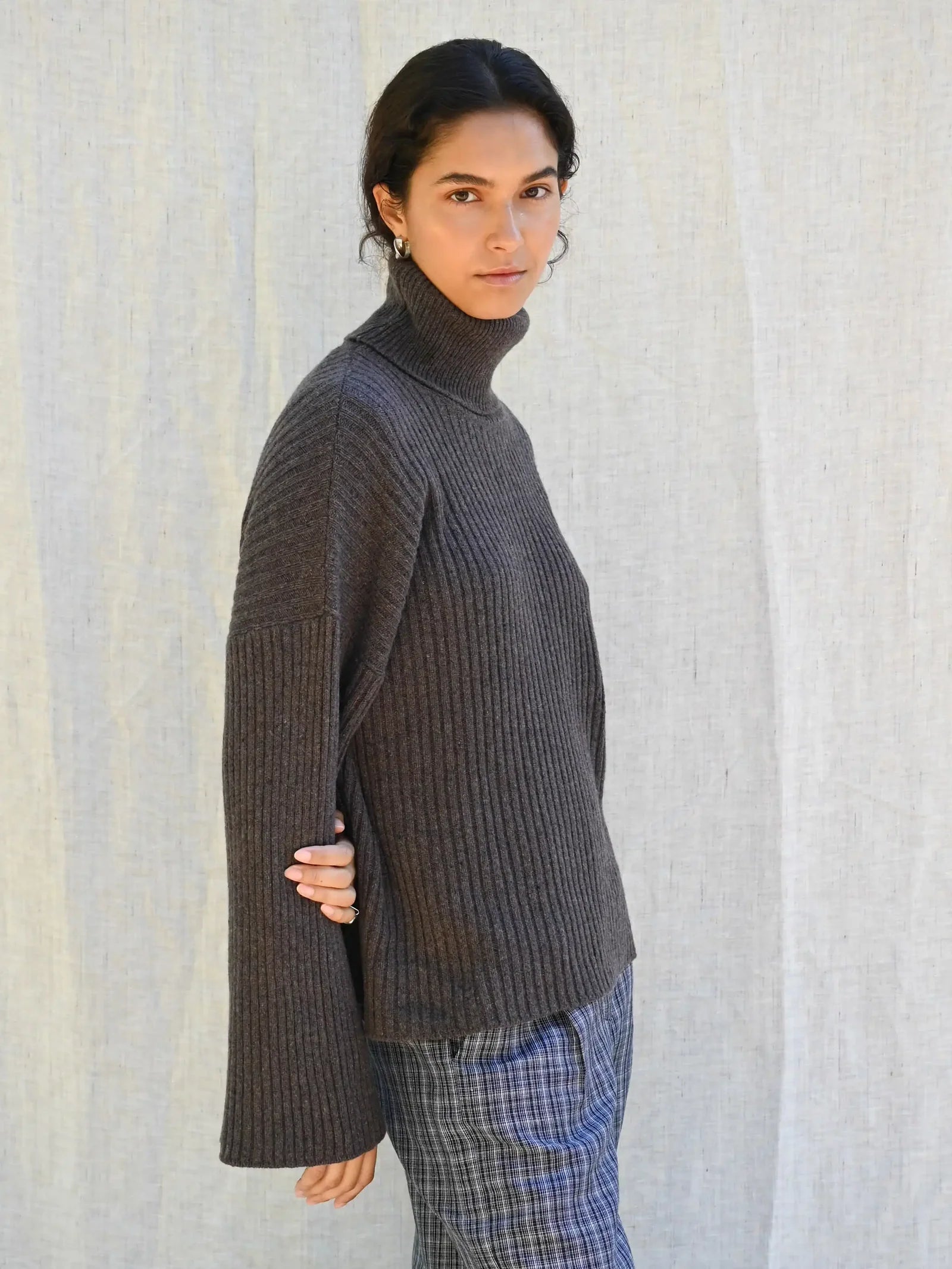 Ellen Cashmere T-Neck Sweater, Dark Brown Melange