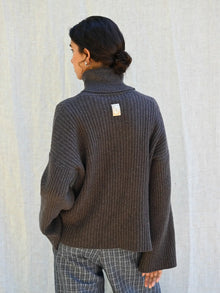 Ellen Cashmere T-Neck Sweater, Dark Brown Melange