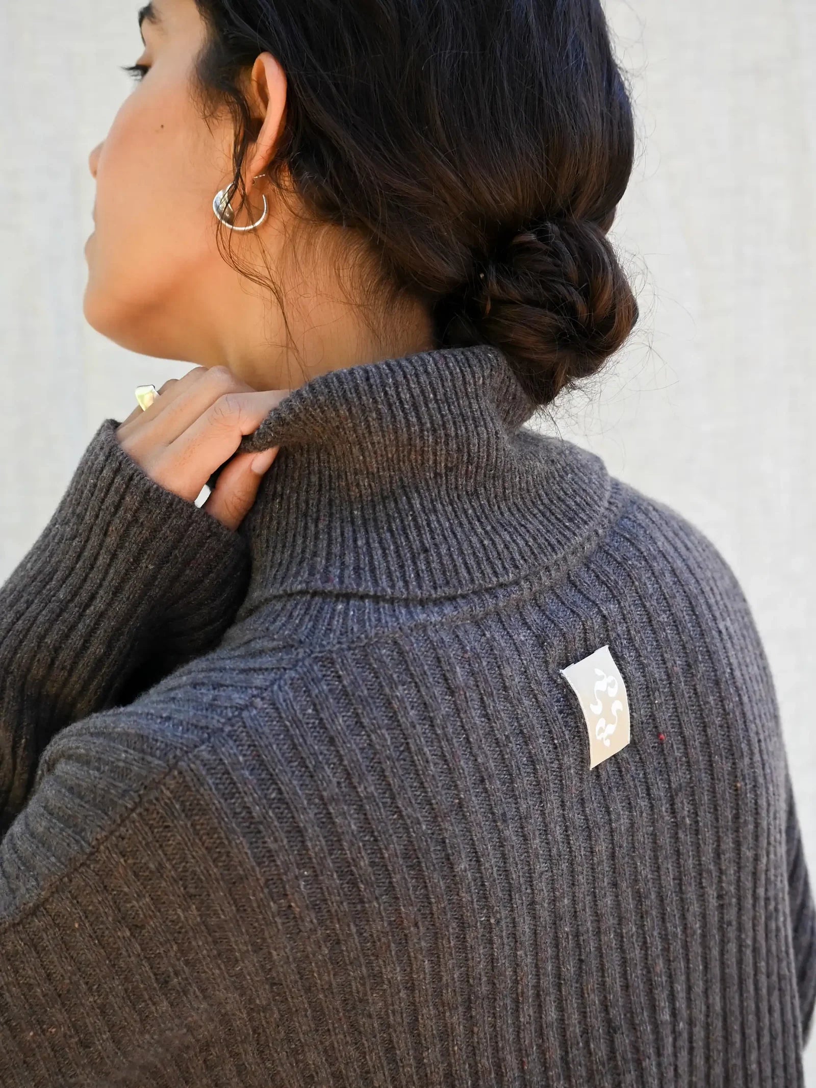 Ellen Cashmere T-Neck Sweater, Dark Brown Melange