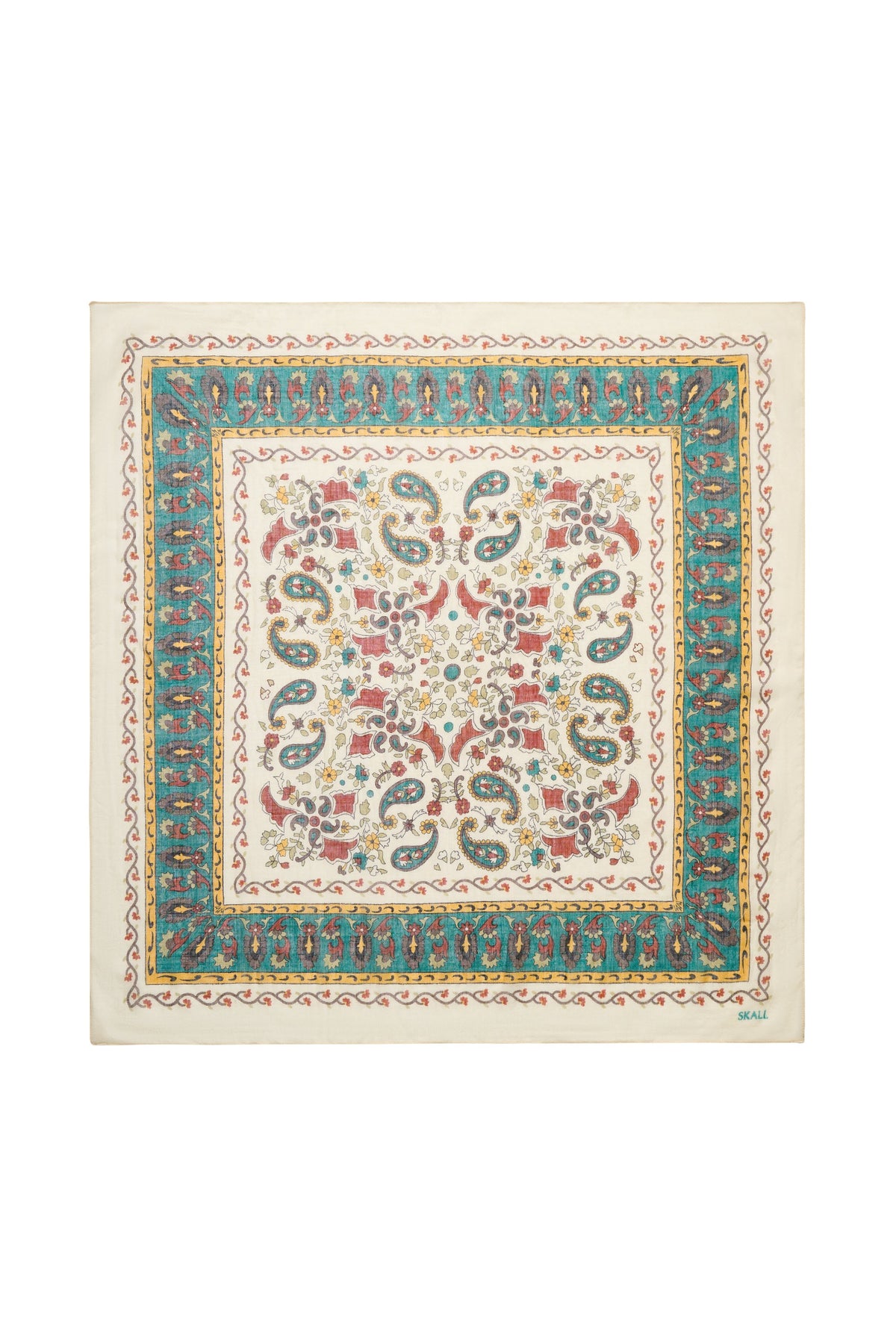 Mafalda Wool Scarf 90x90, Beige/Blue Kalamkari