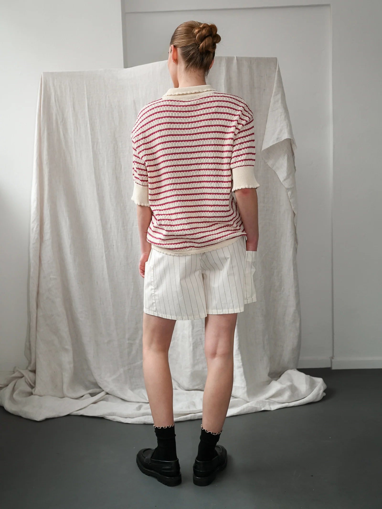 Nuria ss Polo Cardigan, Ecru / Holly Berry