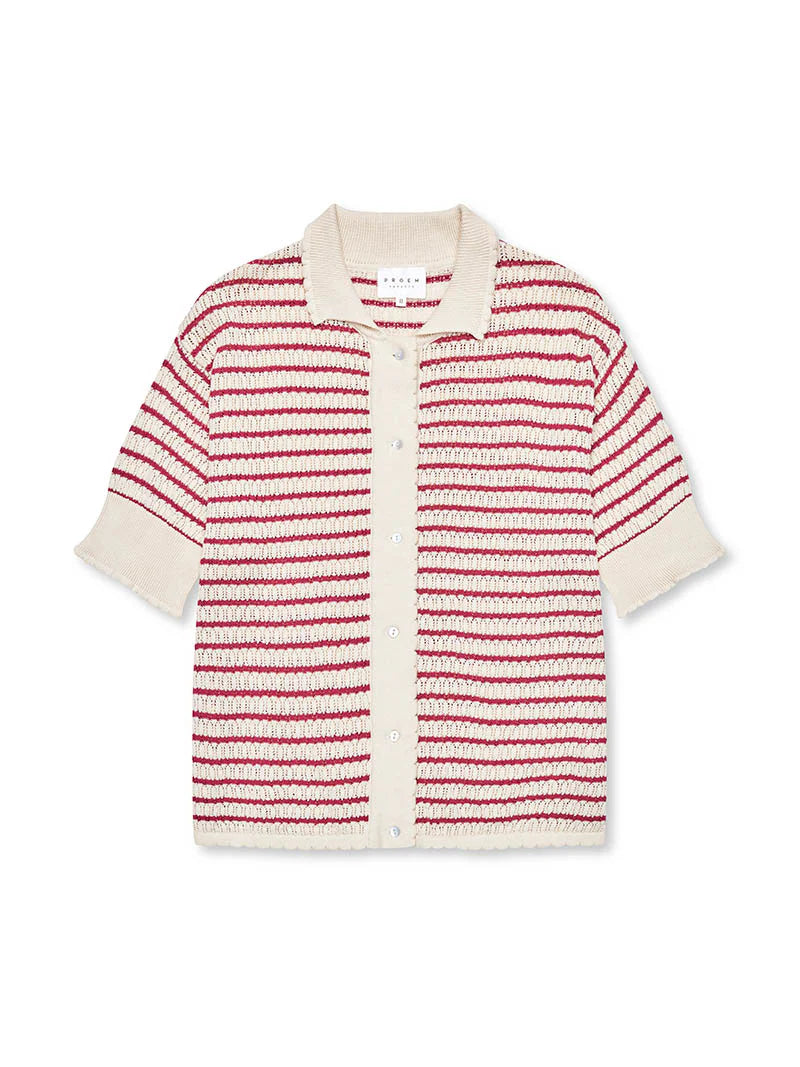 Nuria ss Polo Cardigan, Ecru / Holly Berry