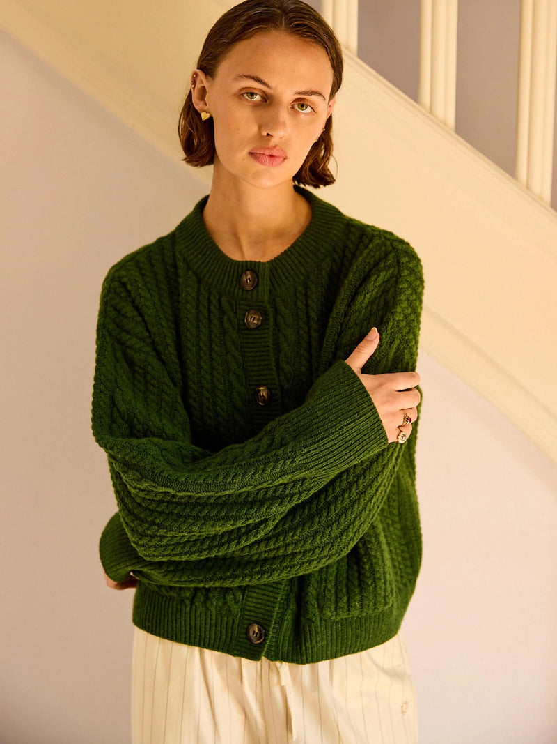 Gertrud Cable Cardigan, Cactus Green Melange