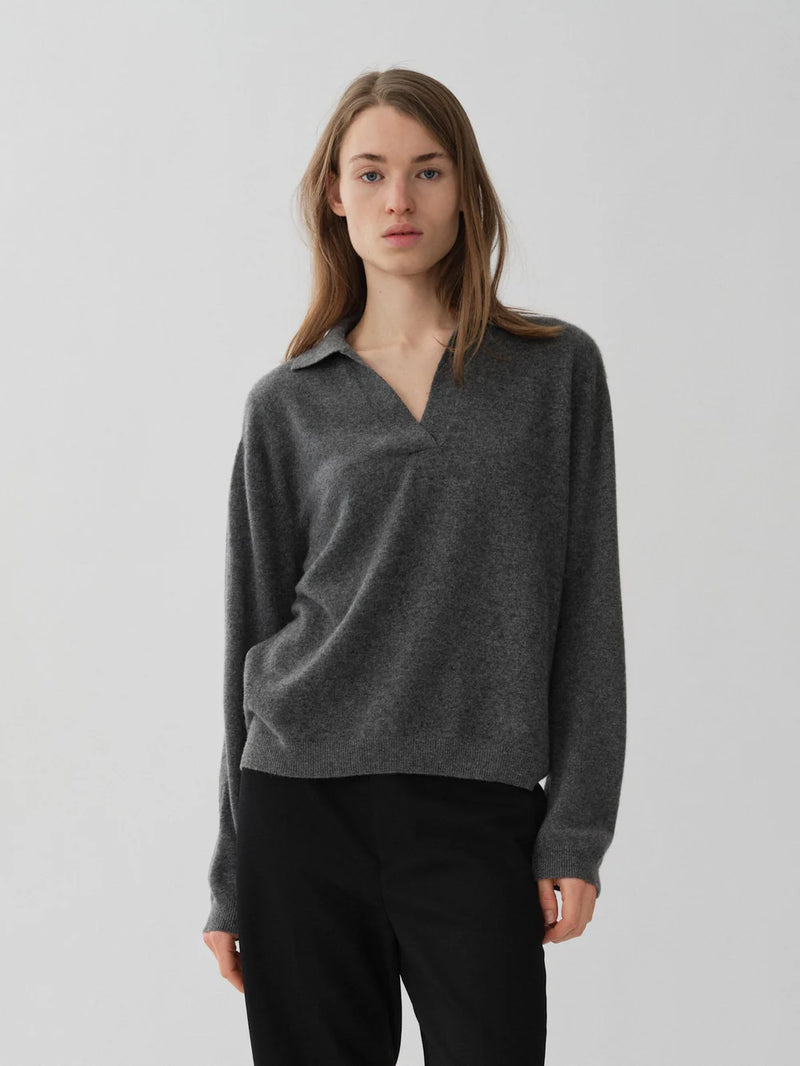 Womens Oversized Collar V-Neck, Heather Grey