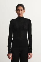 High Neck Pointelle Top, Black