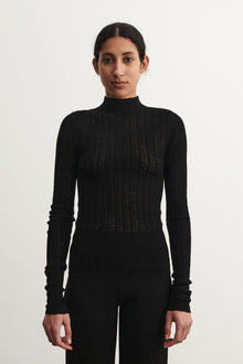 High Neck Pointelle Top, Black