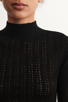 High Neck Pointelle Top, Black